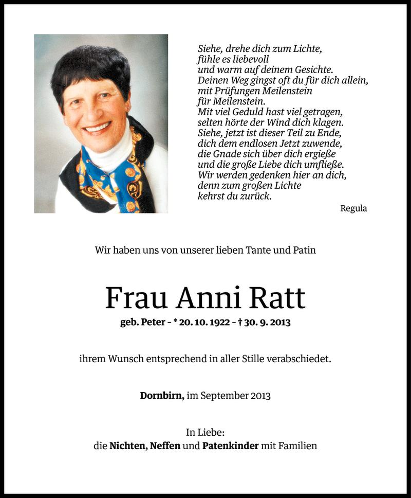  Todesanzeige für Anni Ratt vom 05.10.2013 aus Vorarlberger Nachrichten