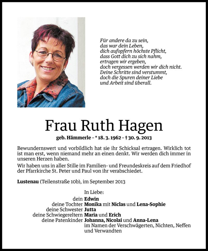  Todesanzeige für Ruth Hagen vom 04.10.2013 aus Vorarlberger Nachrichten