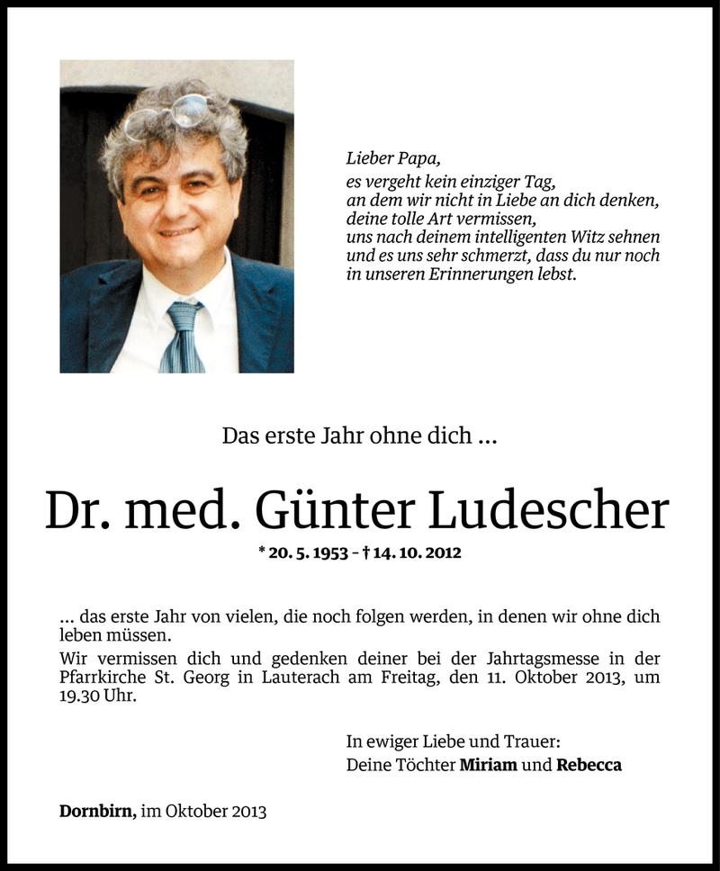  Todesanzeige für Dr. Günter Karl Ludescher vom 04.10.2013 aus Vorarlberger Nachrichten