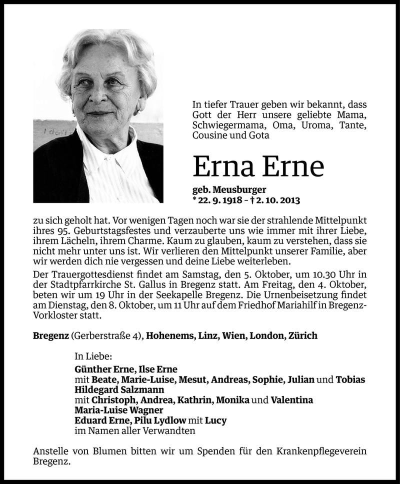  Todesanzeige für Erna Erne vom 03.10.2013 aus Vorarlberger Nachrichten