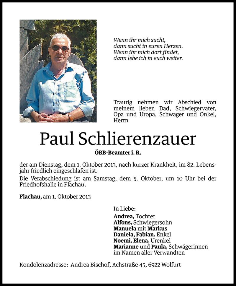  Todesanzeige für Paul Schlierenzauer vom 03.10.2013 aus Vorarlberger Nachrichten