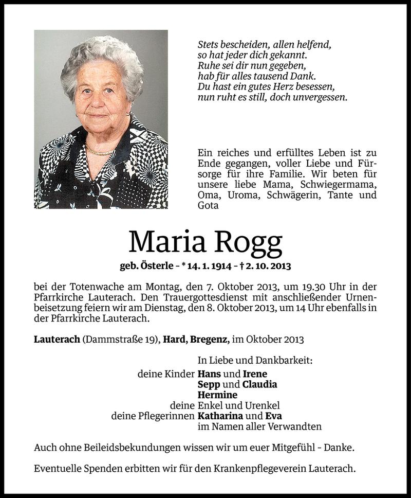  Todesanzeige für Maria Rogg vom 04.10.2013 aus Vorarlberger Nachrichten