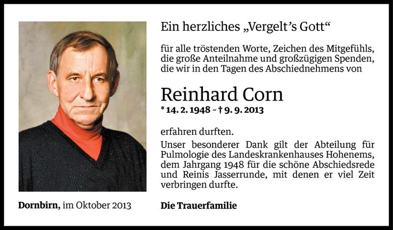  Todesanzeige für Reinhard Corn vom 04.10.2013 aus Vorarlberger Nachrichten