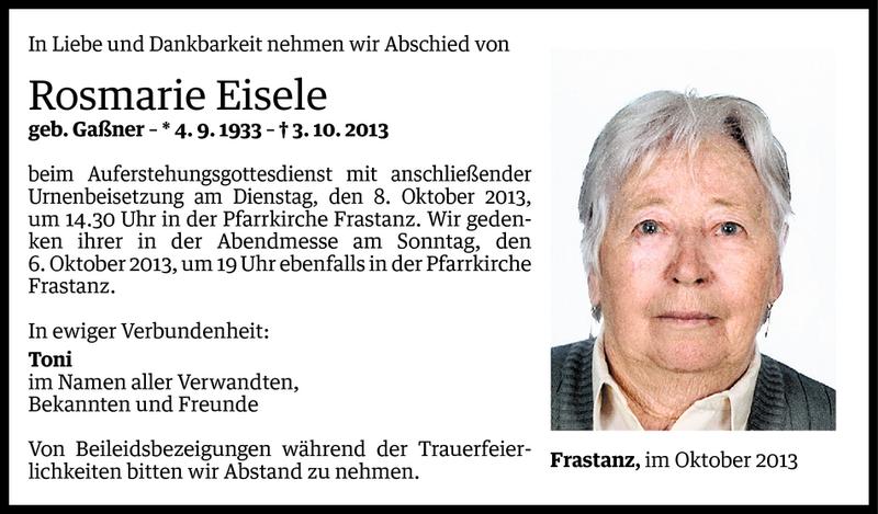  Todesanzeige für Rosmarie Eisele vom 04.10.2013 aus Vorarlberger Nachrichten