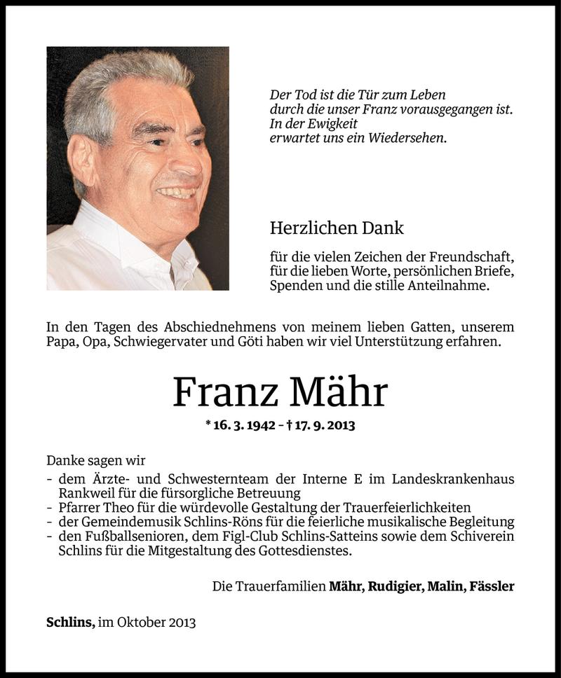  Todesanzeige für Franz Mähr vom 04.10.2013 aus Vorarlberger Nachrichten