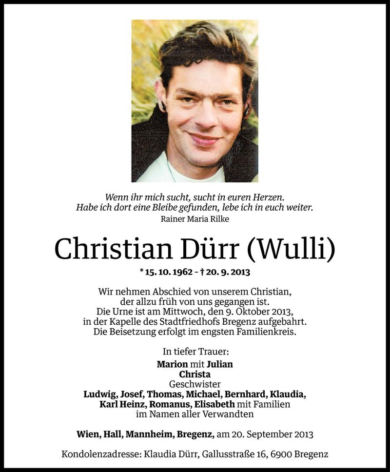  Todesanzeige für Christian Dürr vom 05.10.2013 aus Vorarlberger Nachrichten