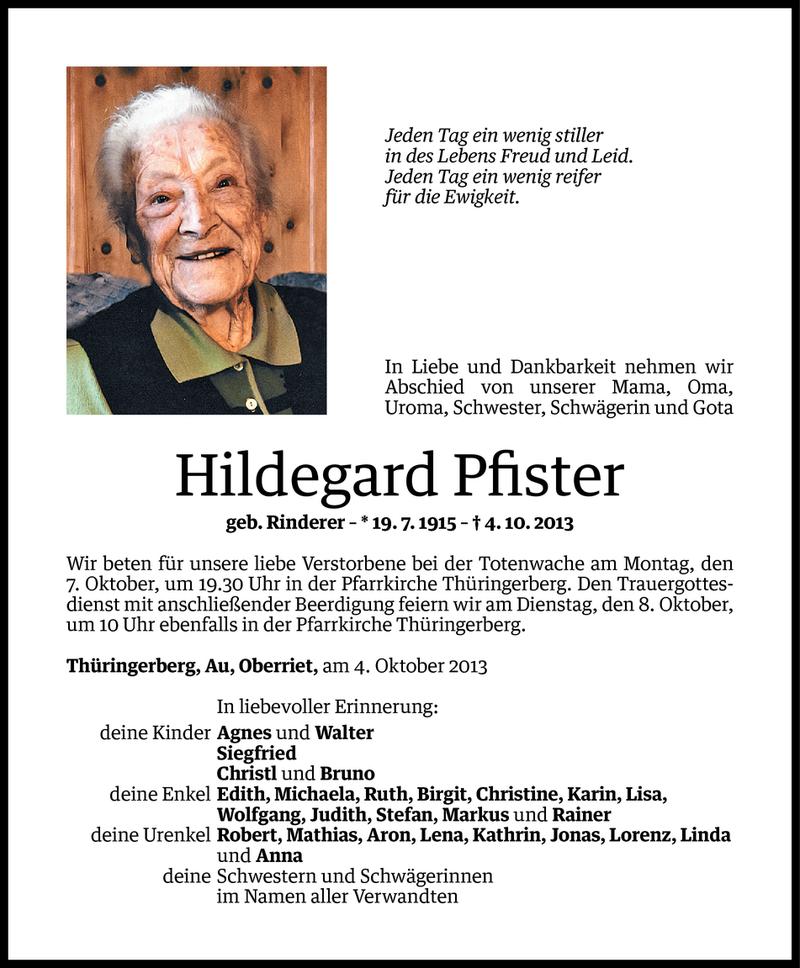  Todesanzeige für Hildegard Pfister vom 06.10.2013 aus Vorarlberger Nachrichten