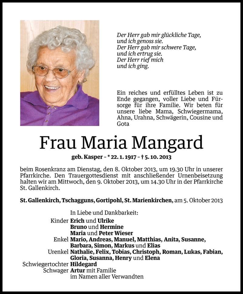  Todesanzeige für Maria Mangard vom 06.10.2013 aus Vorarlberger Nachrichten