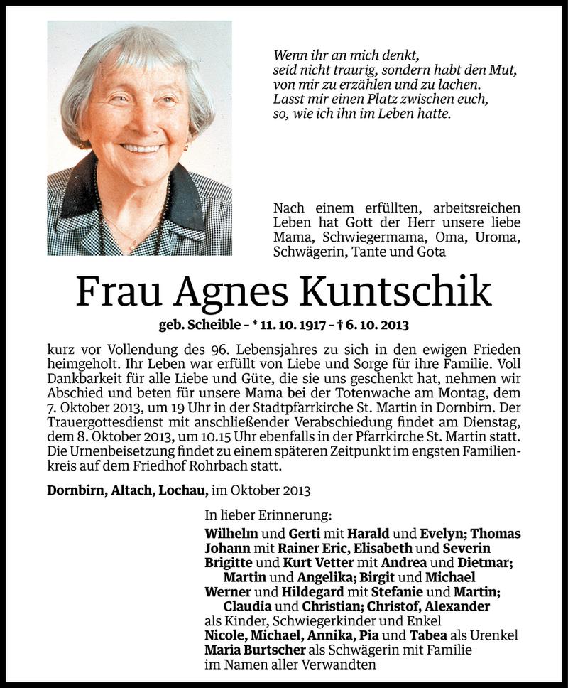  Todesanzeige für Agnes Kuntschik vom 06.10.2013 aus Vorarlberger Nachrichten