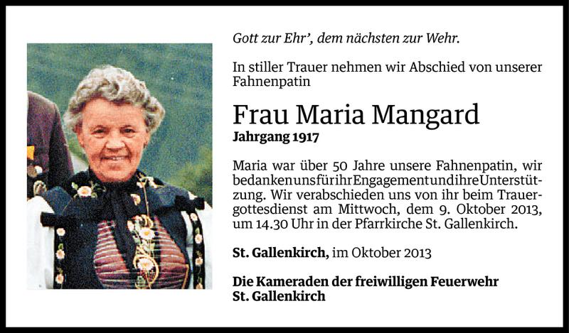  Todesanzeige für Maria Mangard vom 06.10.2013 aus Vorarlberger Nachrichten