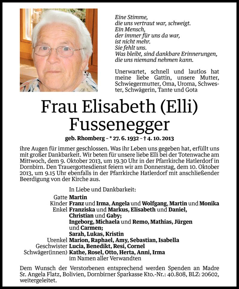  Todesanzeige für Elisabeth Fussenegger vom 07.10.2013 aus Vorarlberger Nachrichten