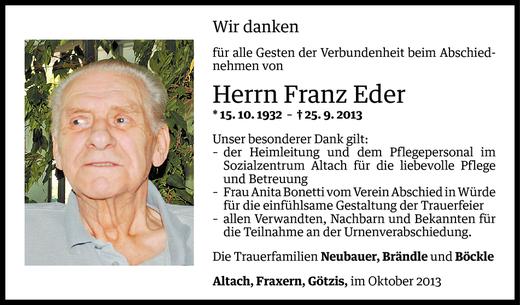 Todesanzeige von Franz Eder von Vorarlberger Nachrichten