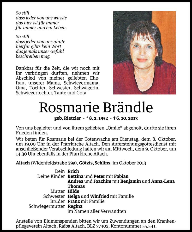  Todesanzeige für Rosmarie Brändle vom 08.10.2013 aus Vorarlberger Nachrichten