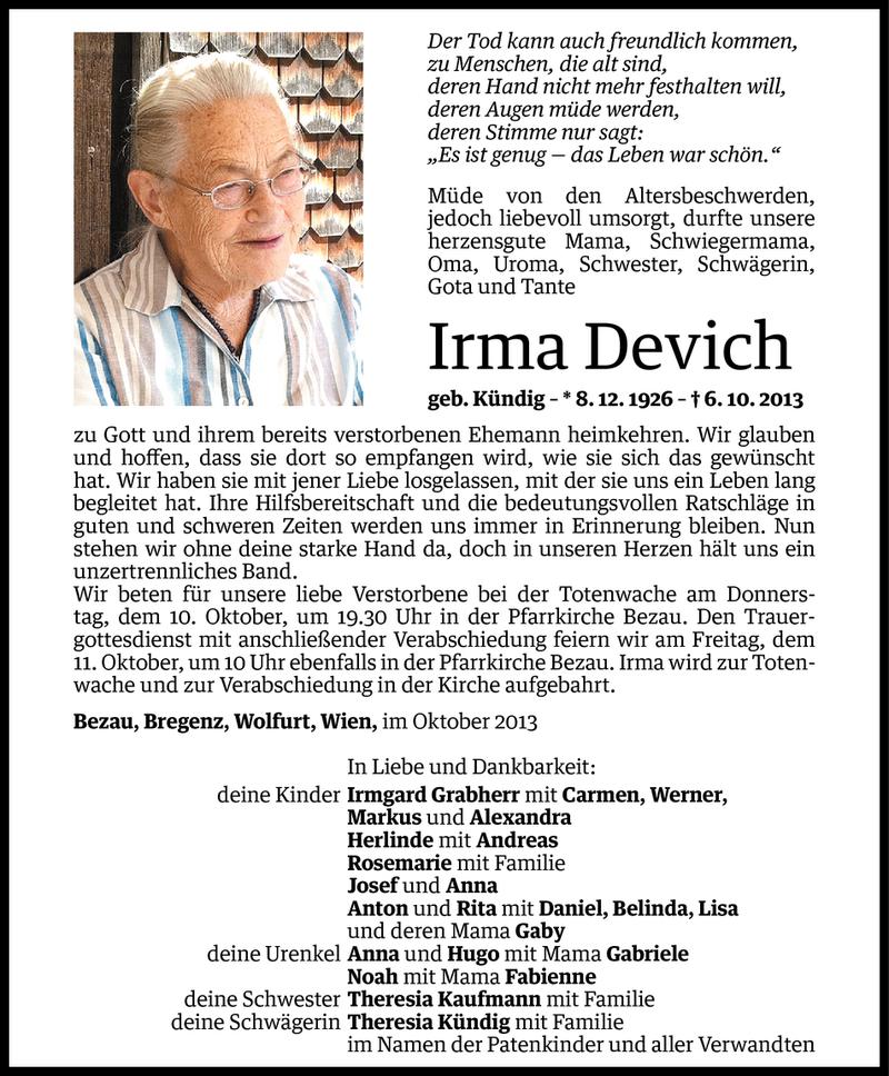  Todesanzeige für Irma Devich vom 08.10.2013 aus Vorarlberger Nachrichten