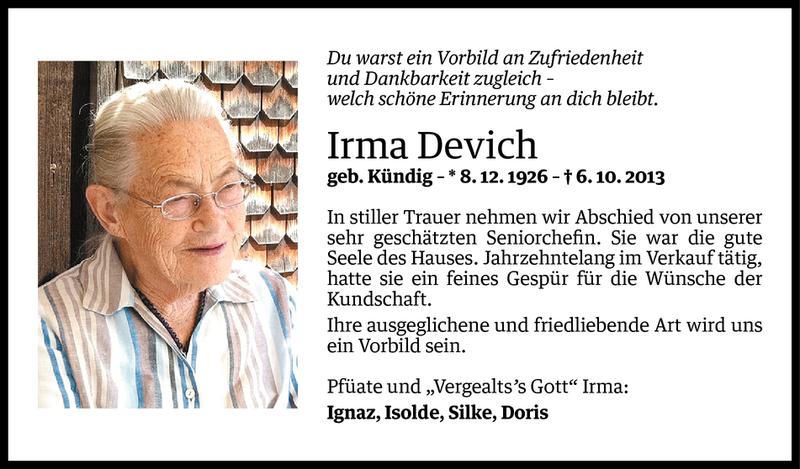  Todesanzeige für Irma Devich vom 09.10.2013 aus Vorarlberger Nachrichten