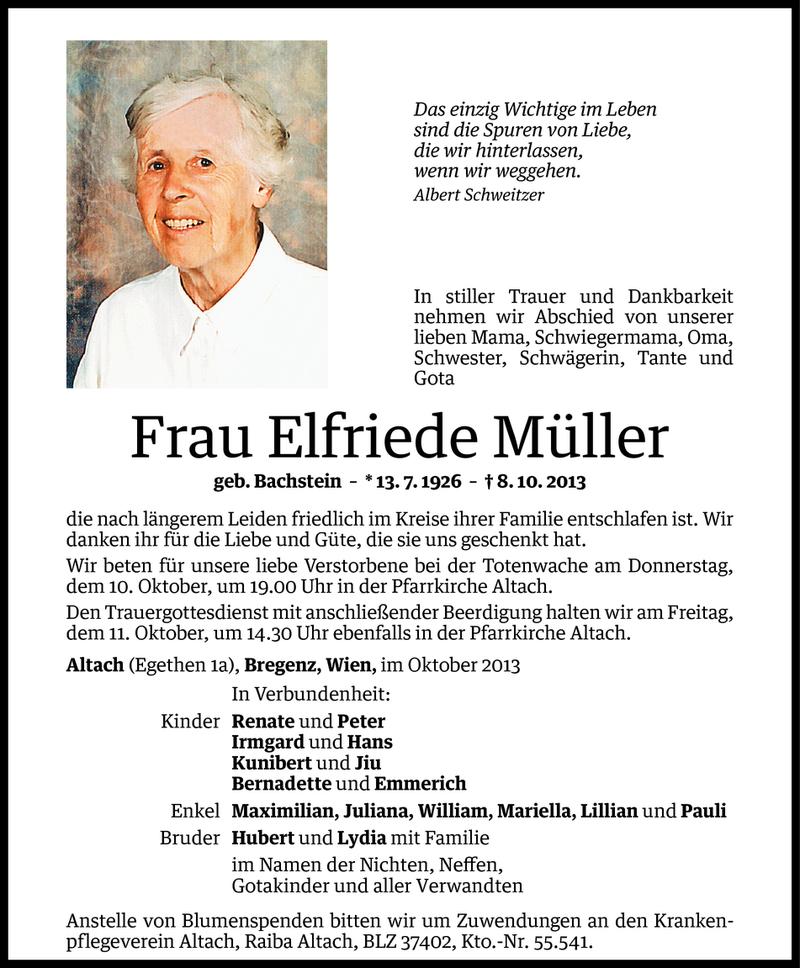  Todesanzeige für Elfriede Müller vom 10.10.2013 aus Vorarlberger Nachrichten