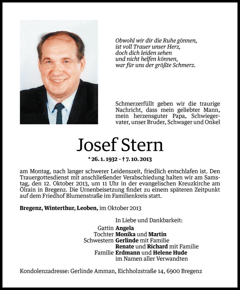  Todesanzeige für Josef Stern vom 09.10.2013 aus Vorarlberger Nachrichten