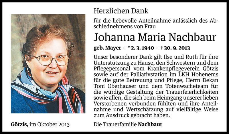  Todesanzeige für Johanna Nachbaur vom 18.10.2013 aus Vorarlberger Nachrichten