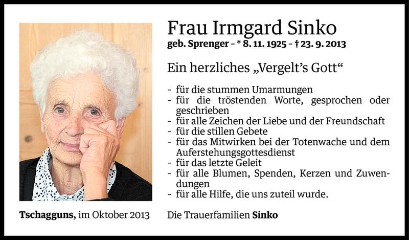  Todesanzeige für Irmgard Sinko vom 10.10.2013 aus Vorarlberger Nachrichten
