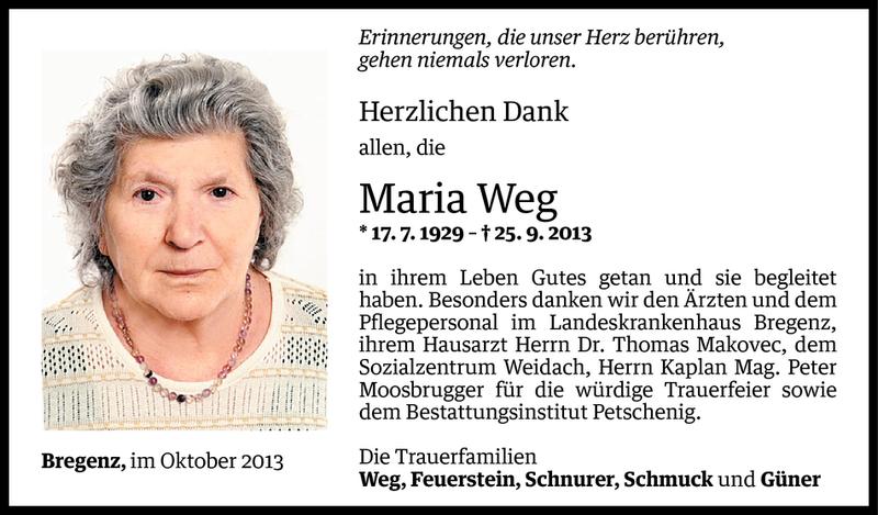  Todesanzeige für Maria Weg vom 10.10.2013 aus Vorarlberger Nachrichten