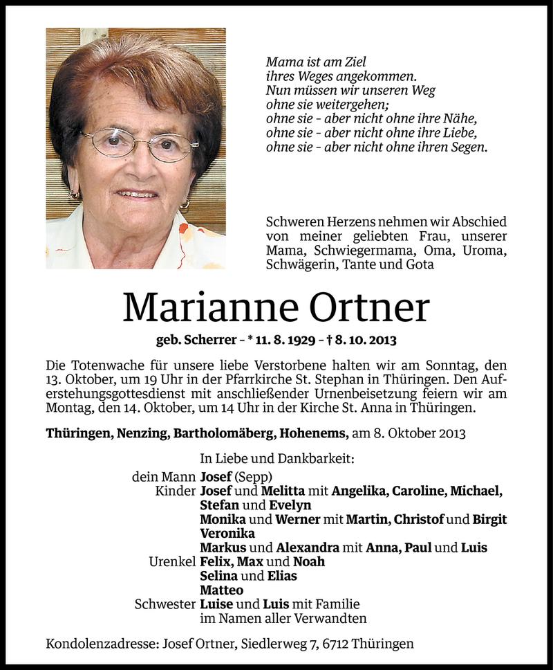  Todesanzeige für Marianne Ortner vom 11.10.2013 aus Vorarlberger Nachrichten