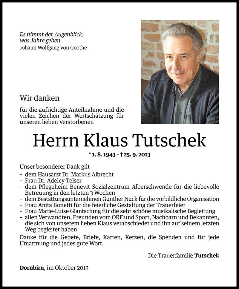  Todesanzeige für Klaus Tutschek vom 11.10.2013 aus Vorarlberger Nachrichten