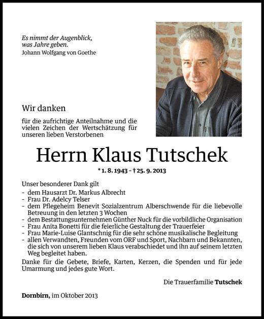 Todesanzeige von Klaus Tutschek von Vorarlberger Nachrichten