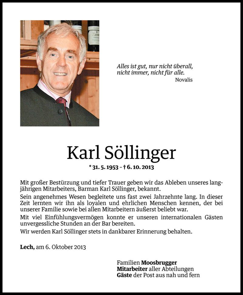  Todesanzeige für Karl Söllinger vom 11.10.2013 aus Vorarlberger Nachrichten