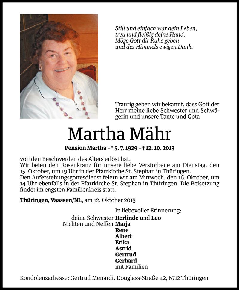  Todesanzeige für Martha Mähr vom 13.10.2013 aus Vorarlberger Nachrichten