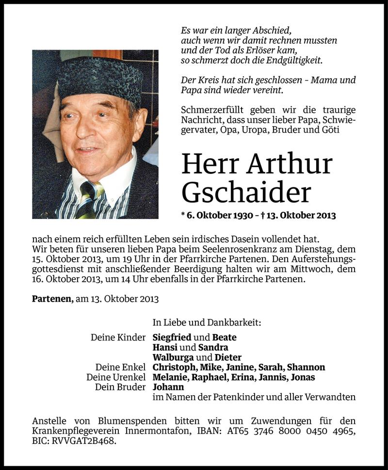  Todesanzeige für Arthur Gschaider vom 13.10.2013 aus Vorarlberger Nachrichten