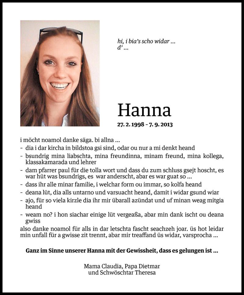  Todesanzeige für Hanna Gunz vom 15.10.2013 aus Vorarlberger Nachrichten