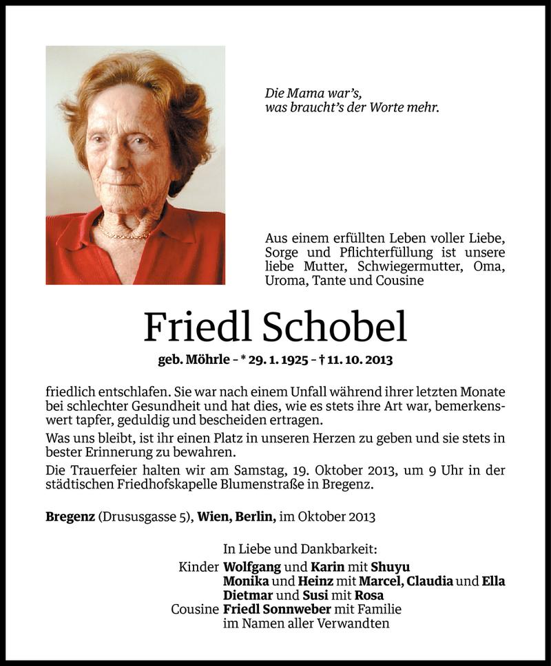  Todesanzeige für Friedl Schobel vom 15.10.2013 aus Vorarlberger Nachrichten