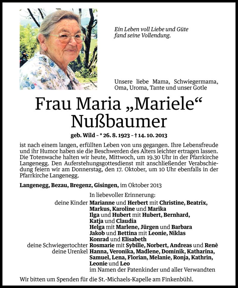  Todesanzeige für Maria Nußbaumer vom 15.10.2013 aus Vorarlberger Nachrichten