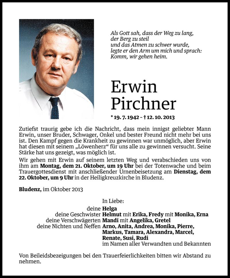  Todesanzeige für Erwin Pirchner vom 18.10.2013 aus Vorarlberger Nachrichten