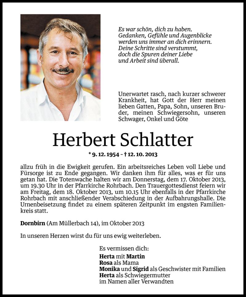  Todesanzeige für Herbert Schlatter vom 15.10.2013 aus Vorarlberger Nachrichten