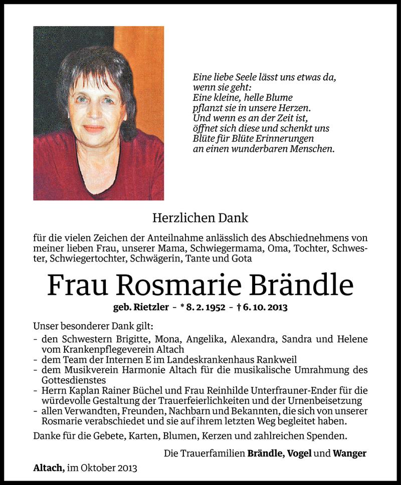  Todesanzeige für Rosmarie Brändle vom 18.10.2013 aus Vorarlberger Nachrichten