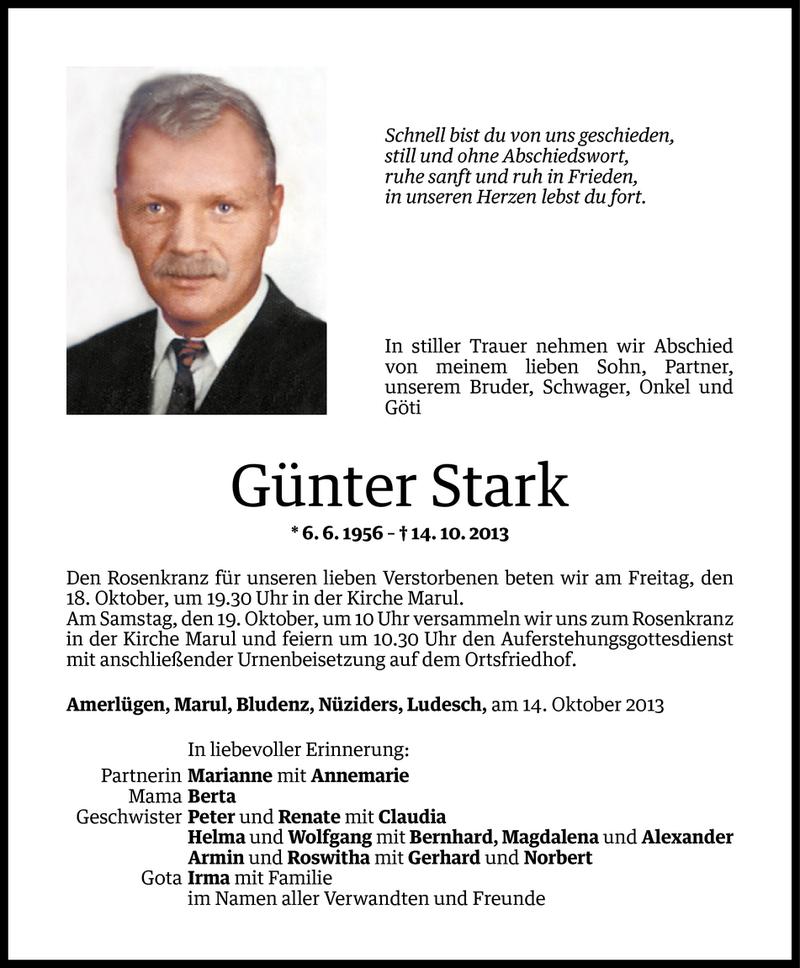  Todesanzeige für Günter Stark vom 15.10.2013 aus Vorarlberger Nachrichten