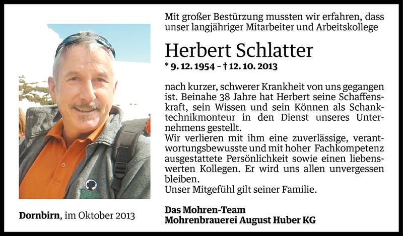  Todesanzeige für Herbert Schlatter vom 15.10.2013 aus Vorarlberger Nachrichten