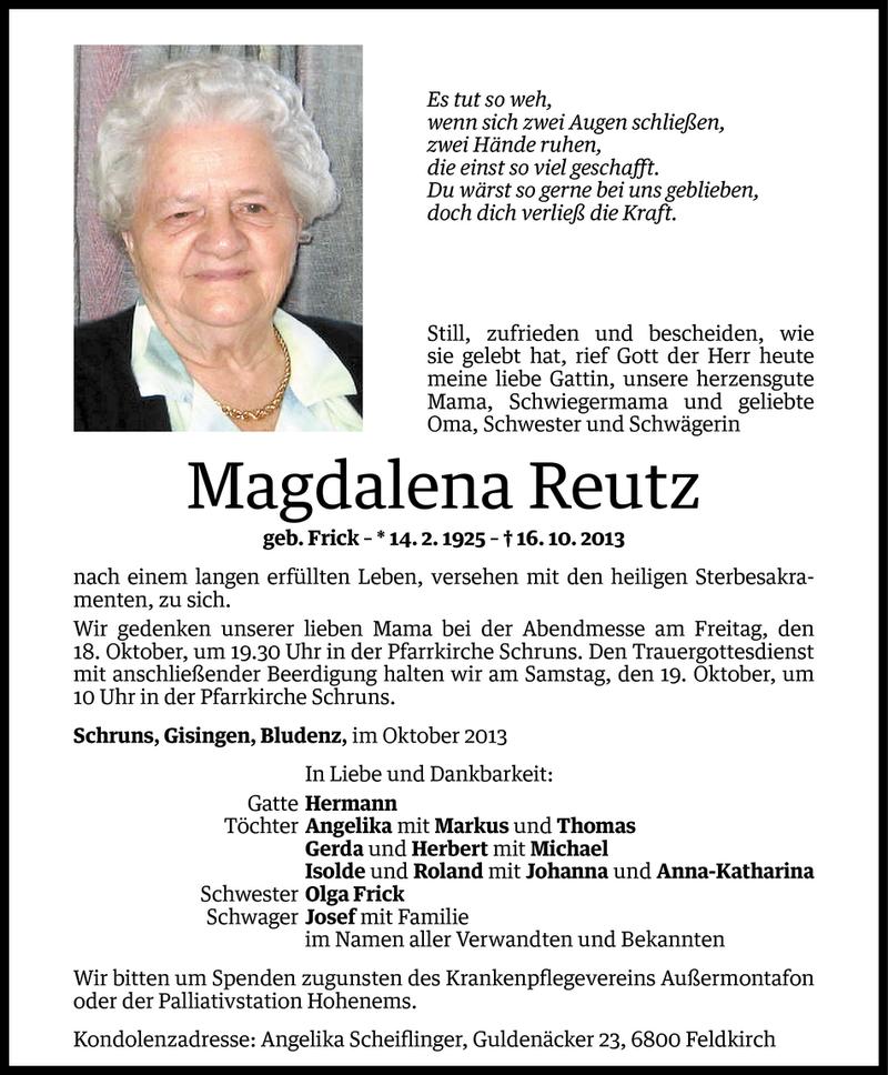  Todesanzeige für Magdalena Reutz vom 16.10.2013 aus Vorarlberger Nachrichten