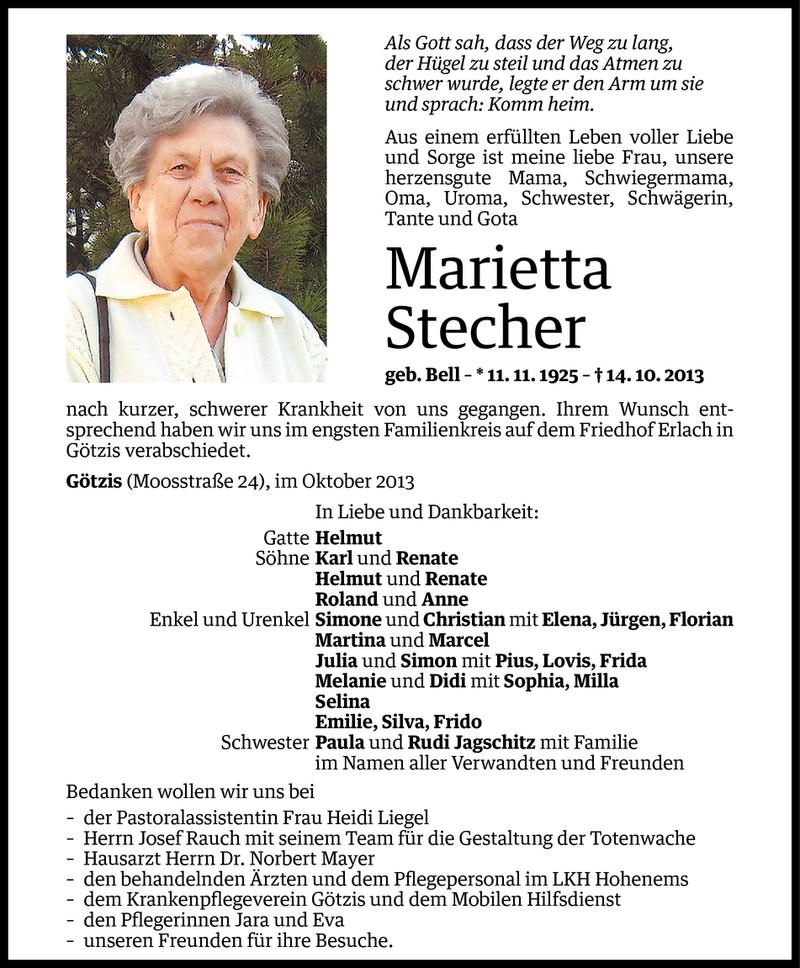  Todesanzeige für Marietta Stecher vom 17.10.2013 aus Vorarlberger Nachrichten