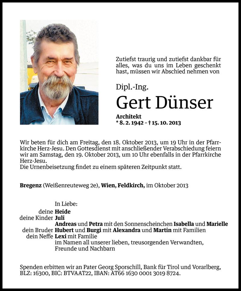  Todesanzeige für Dipl.-Ing. Gert Dünser vom 16.10.2013 aus Vorarlberger Nachrichten