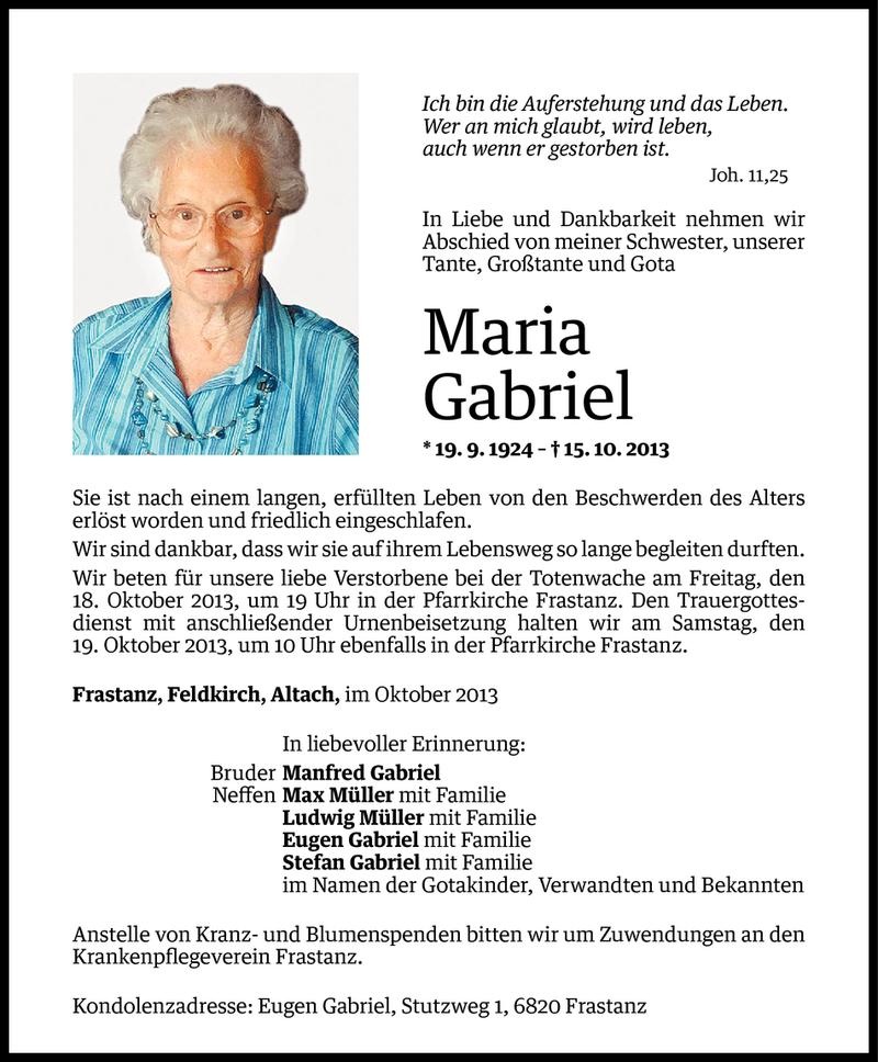  Todesanzeige für Maria Gabriel vom 16.10.2013 aus Vorarlberger Nachrichten