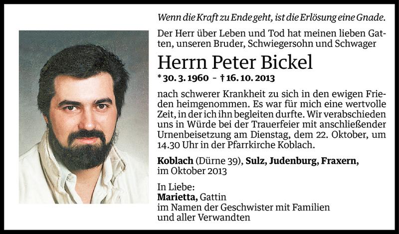  Todesanzeige für Peter Bickel vom 19.10.2013 aus Vorarlberger Nachrichten