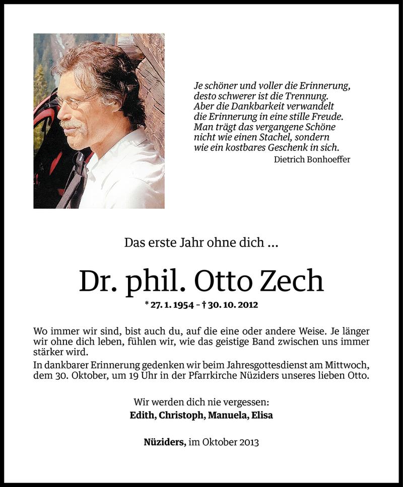  Todesanzeige für Dr. phil. Otto Zech vom 28.10.2013 aus Vorarlberger Nachrichten