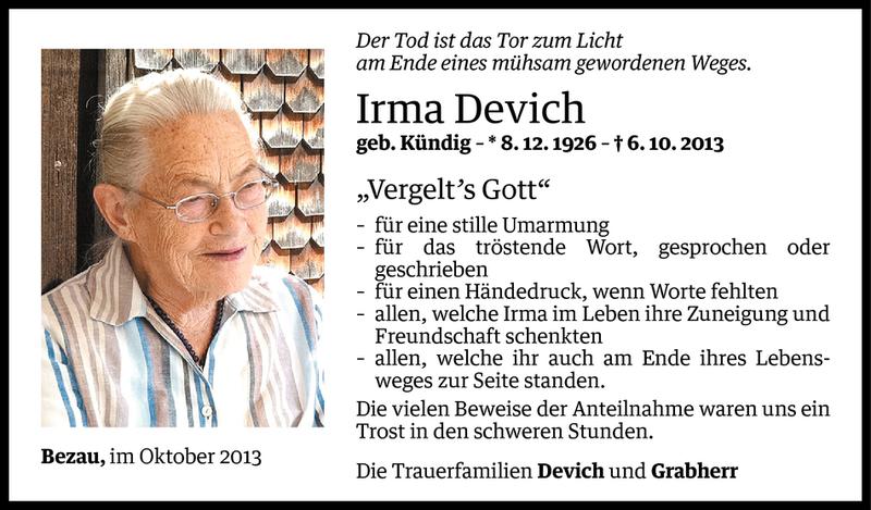  Todesanzeige für Irma Devich vom 18.10.2013 aus Vorarlberger Nachrichten