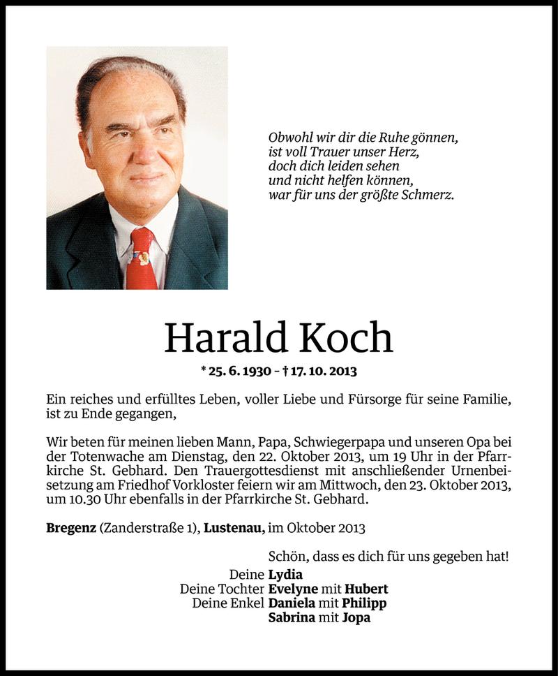  Todesanzeige für Harald Koch vom 20.10.2013 aus Vorarlberger Nachrichten