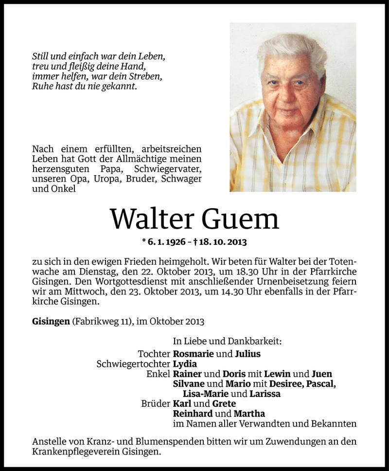  Todesanzeige für Walter Guem vom 20.10.2013 aus Vorarlberger Nachrichten