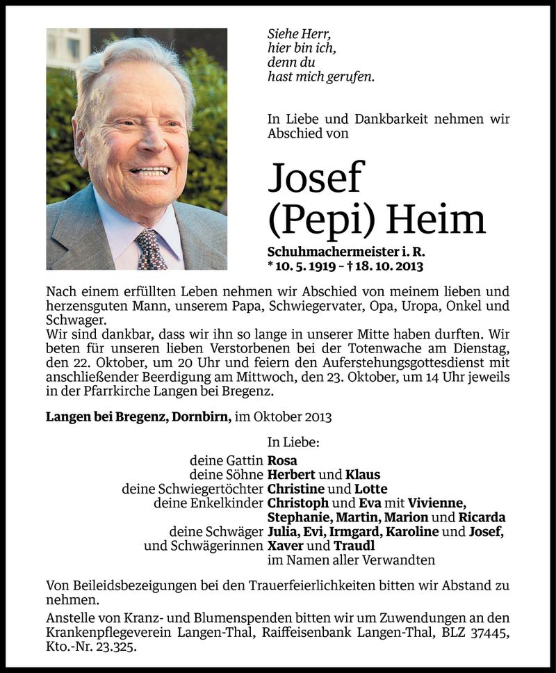  Todesanzeige für Josef Heim vom 21.10.2013 aus Vorarlberger Nachrichten