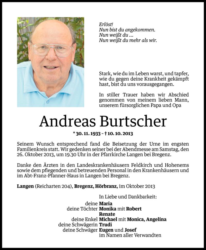  Todesanzeige für Andreas Burtscher vom 23.10.2013 aus Vorarlberger Nachrichten