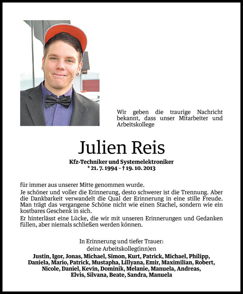  Todesanzeige für Julien Reis vom 22.10.2013 aus Vorarlberger Nachrichten